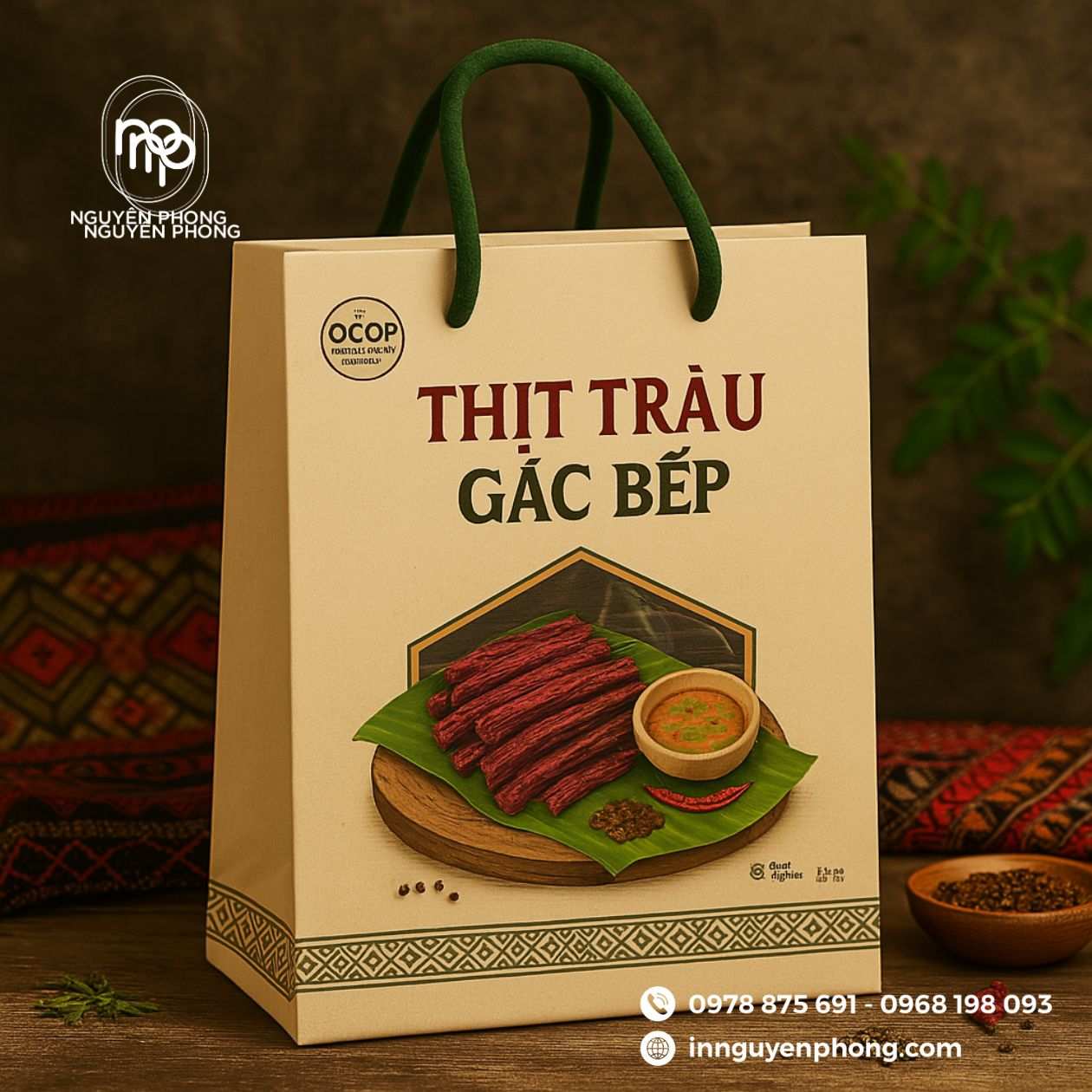 Mẫu túi giấy nông sản đựng thịt trâu gác bếp